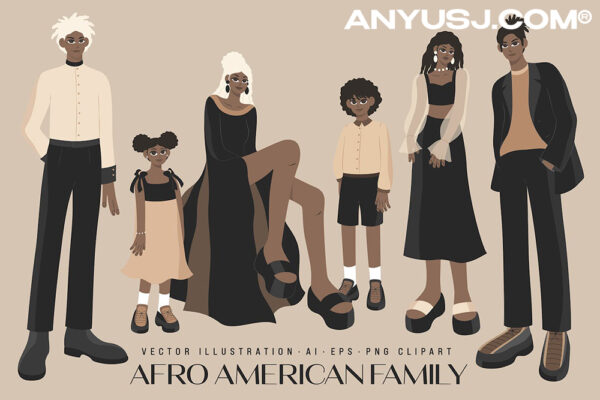 非裔美国人家庭人物青年插图插画AI矢量集African Family Illustrations Set