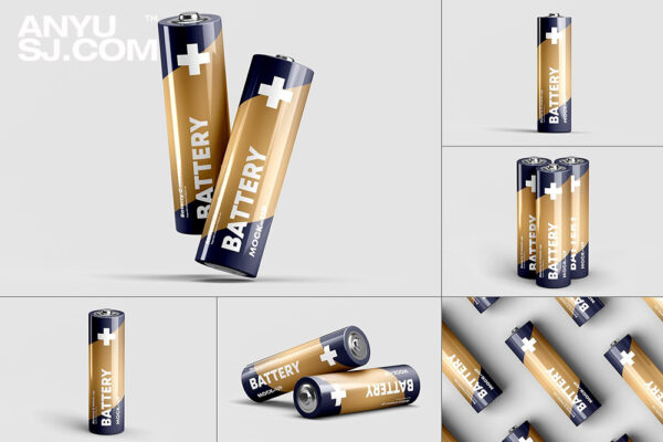 6款AA型碱性电池产品包装设计作品贴图ps样机素材展示效果图Battery AA Mock-up