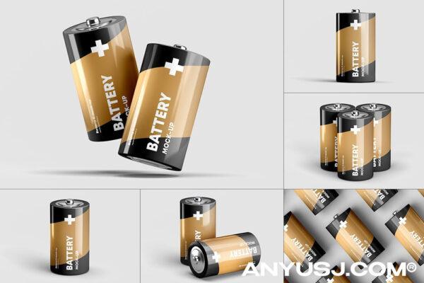 6款C型2号碱性电池产品包装设计作品贴图ps样机素材展示效果图Battery C Mock-up