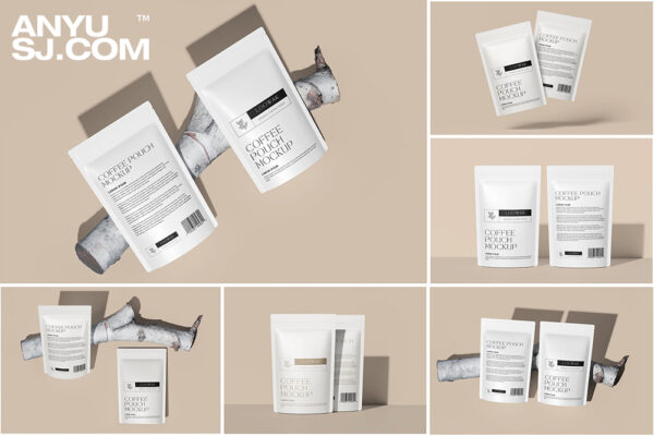 6款自立咖啡袋茶叶袋塑料袋品牌展示设计贴图ps包装样机Coffee Pouch Mockup
