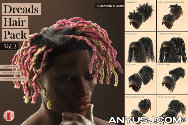 8款真实质感黑人脏辫说唱嘻哈人物发型C4D模型套装Dreads Hair Pack for Cinema4d (Vol 2)-第4554期-