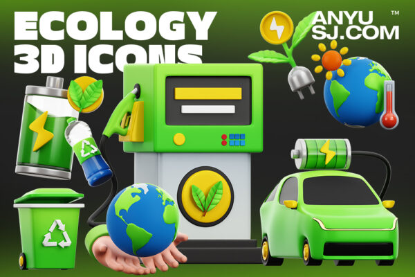 22款绿色公益环保生态新能源电池太阳能插图插画PNG免扣3D模型图标设计套装Ecology 3D Icons