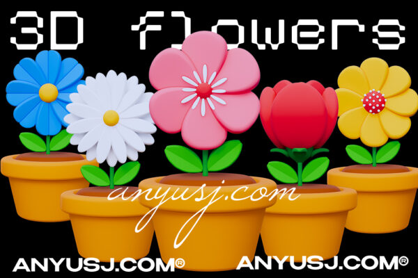 12款3D立体趣味卡通盆栽花朵花卉插画插图图标PNG/模型设计套装Flower 3D Icon Pack