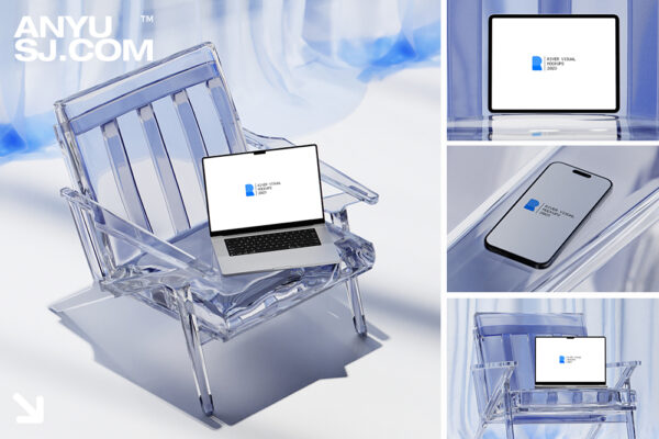 7款极简艺术笔记本电脑手机平板APP应用界面UI设计展示PSD透明水晶塑料椅子家具场景作品集毕设样机Glass Glow Mockup Series-第4660期-