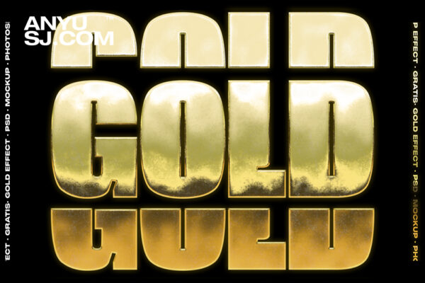 高清质感真实金色金属文本标题特效3D样机GRATIS · Gold · Text Effect