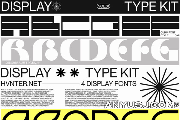 4款精选赛博几何现代艺术独特抽象装饰西文字体套装HVNTER – Display Type Kit (Vol.01)-第4598期