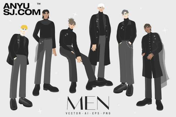 时尚青年人物男士男孩头像时装展示AI矢量插画插图设计套装Men Illustrations Set