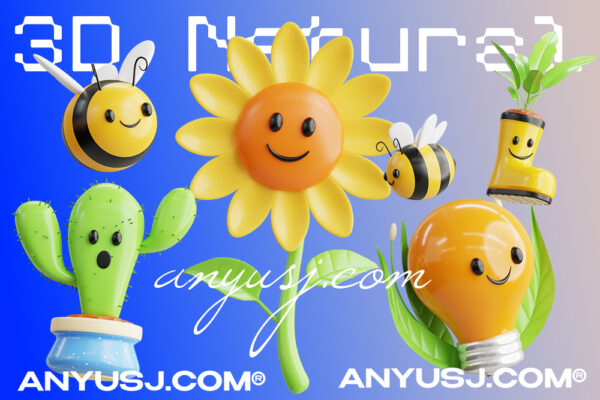 5款3D立体趣味卡通自然蜜蜂花朵花卉植物仙人掌灯泡插画插图图标PNG/模型套装Nature 3D Icon