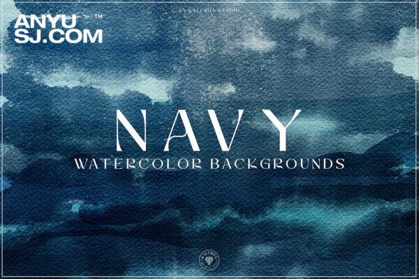 8款海军蓝色优雅水彩颜料晕染涂抹手绘纸张背景肌理Navy Watercolor Backgrounds