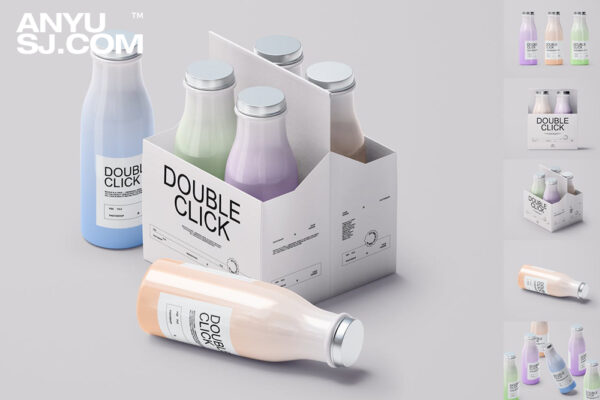 6款酸奶瓶玻璃瓶包装瓶包装展示盒外观设计展示PSD样机Yogurt Bottle and Box Mockup Set
