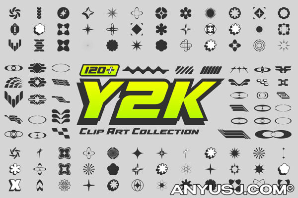 120+Y2K趣味抽象几何logo徽标图标星芒AI矢量图形设计套装Abstract Y2K Elements-第4683期-