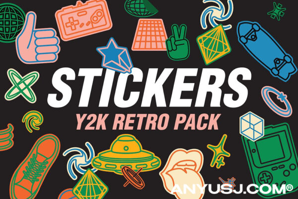 25款趣味卡通Y2K复古贴纸logo徽标徽章插画插图AI矢量设计套装Y2K Retro Stickers Pack-第4684期-