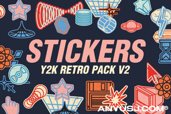 25款趣味Y2K复古贴纸插画徽标logo图形AI矢量设计套装Y2K Retro Stickers Pack V.2-第4684期-