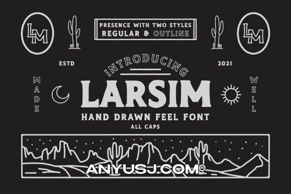 2款复古沙漠趣味标题排版logo徽标西文细衬线字体LARSIM Font + Extra-第4675期-