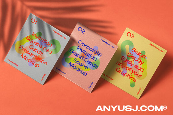 质感正方形名片卡片邀请卡文创VI品牌设计展示PSD样机Corporate Psd Branding Mockup Cards Set-第4808期-