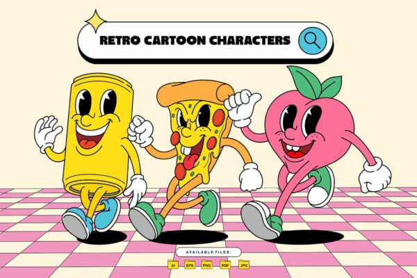4款复古趣味Y2K卡通IP角色设计AI矢量贴纸插画套装Retro Cartoon Characters – Vol.2-第4708期-