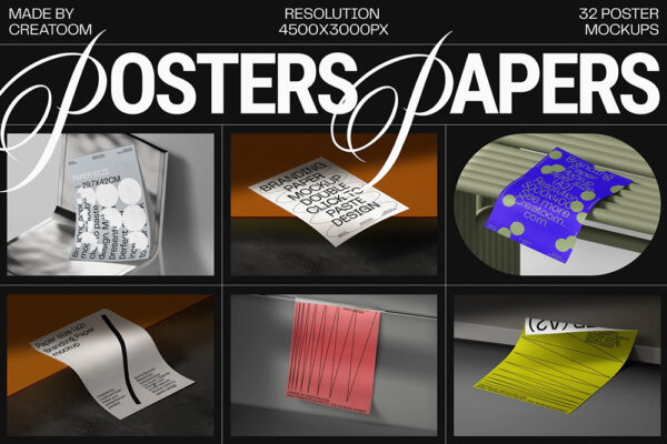 32款艺术质感3D立体海报纸张传单多角度设计展示创意场景PSD样机套装32 Poster & Paper mockups-第4827期-
