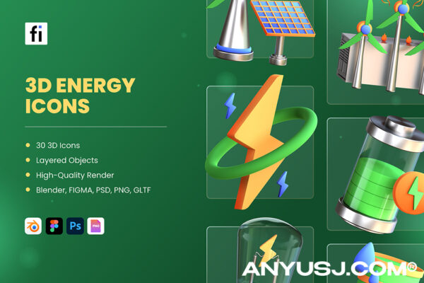 30款3D立体新能源太阳能电池风能环保插图插画PNG免扣3D模型设计套装3D Energy and Environment Icons