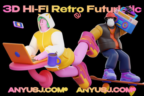 3D立体人物角色复古现代未来主义音乐潮人插图插画PNG/Blender模型设计套件3D Hi-Fi Retro Futuristic-第4722期-