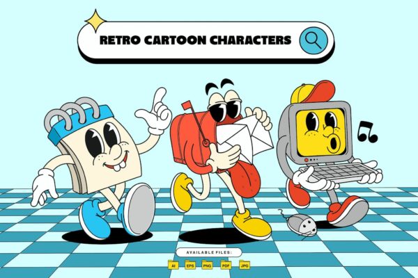3款复古趣味Y2K卡通IP角色设计AI矢量贴纸插画套装Retro Cartoon Characters – Vol.1-第4708期-