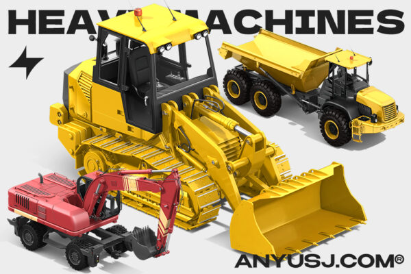 80款重型工地机械铲车挖掘机卡车水泥车施工设备3D立体PS模型插画80 PSD Heavy Machines Mockup 360 #01-第4700期-