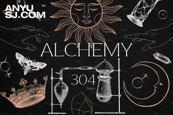 304款复古炼金师手势星座古代符号玻璃器皿AI矢量插画插图设计套装Alchemy. Magical Elements & Symbols-第4781期-