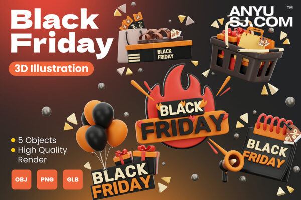 5款电商在线购物促销打折3D销售Icon插画插图图标PNG套装Black Friday 3D Illustrations
