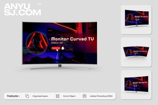4款曲面显示器电视TV屏幕设计展示PSD样机Curved TV Mockup