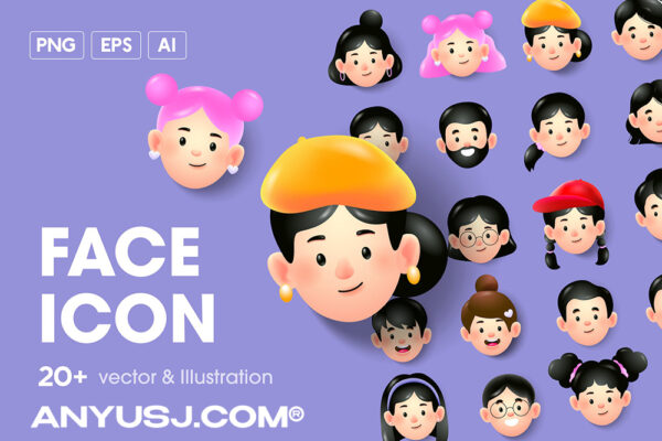 20款AI矢量趣味卡通男女头像脸部插画插图源文件Face Icon Pack