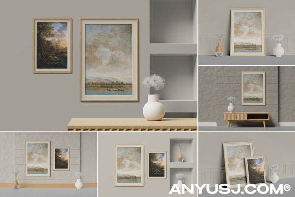 6款极简自然相框画框艺术品海报设计展示客厅室内摆件场景组合PSD样机Frame Mockups