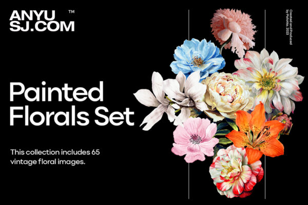 免费下载-可商用复古宫廷手绘花卉花朵优雅美丽PNG免扣设计元素套装Free Painted Florals Set