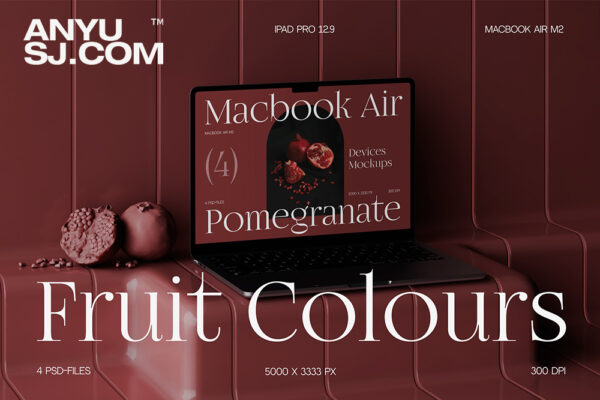 4款夏季水果色调趣味创意笔记本电脑平板手机UI界面APP设计展示PSD场景样机套装Fruit Colours Set  Device Mockups