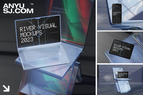 6款未来感极简透明玻璃椅子笔记本电脑手机UI界面设计展示PSD艺术场景样机Glass Like Mockup Series-第4680期-