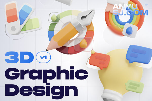 20款3D立体卡通设计师灵感制图绘画创意插图插画PNG/FBX/GLTF/OBJ/Blender模型设计套装Graphy – Graphic Design 3D Icon Set-第4798期-