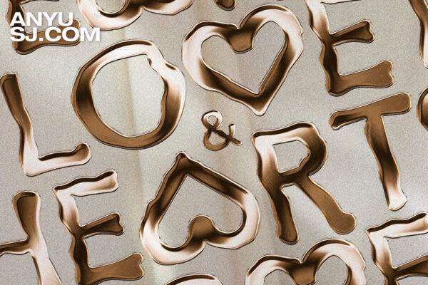 8款优雅金色液体3D立体金属无衬线标题排版西文字体家族Love & Hearts – Golden SVG Typeface-第4670期-