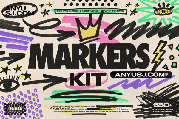 850+灵感马克笔Y2K涂鸦笔触形状图形插画箭头标记PS笔刷纸张肌理设计套装Markers Kit-第4741期-