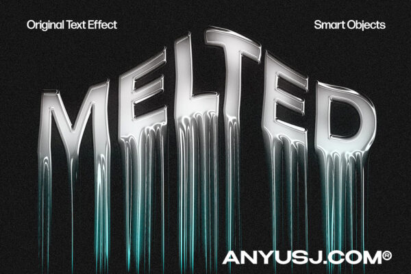 3D流体镀铬金属视觉艺术文本标题PSD特效样机Melted Text Effect