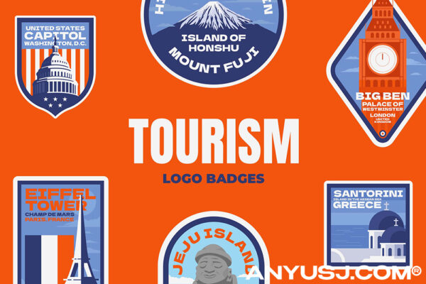 6款复古趣味旅游景点希腊日本巴黎铁塔logo徽标图形图标插画AI矢量套装Modern Minimalist Tourism Destination Badges Set