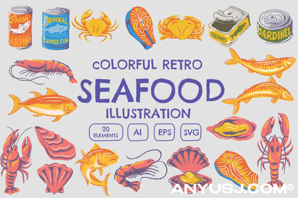 复古海鲜手绘插画插图AI矢量设计文件Seafood Retro Illustration