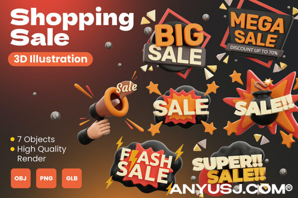 7款电商在线购物促销3D销售Icon插画插图图标PNG套装Shopping Sale 3D Illustrations