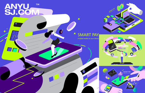 13款现代创意撞色互联网智能手机支付主视觉插画海报排版AI矢量源文件Smart Payment Illustration-第4725期-
