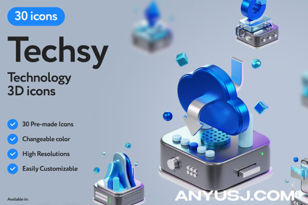 30款金属科技技术云储存网络信息传输网页页面立体图标icon模型套装Techsy Technology 3D Icons