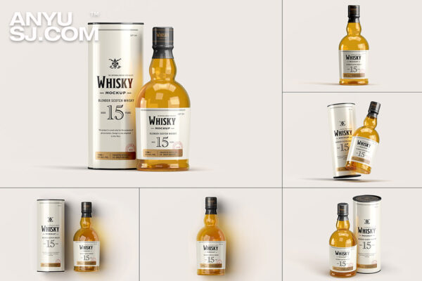 威士忌洋酒玻璃酒瓶酒标纸筒包装设计贴图PSD素材展示样机Whisky Tube & Bottle Mock-up