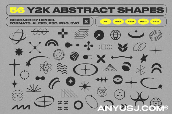 56款Y2K抽象复古AI矢量图形图标logo设计套装Y2K Abstract Retro Shapes-第4809期-