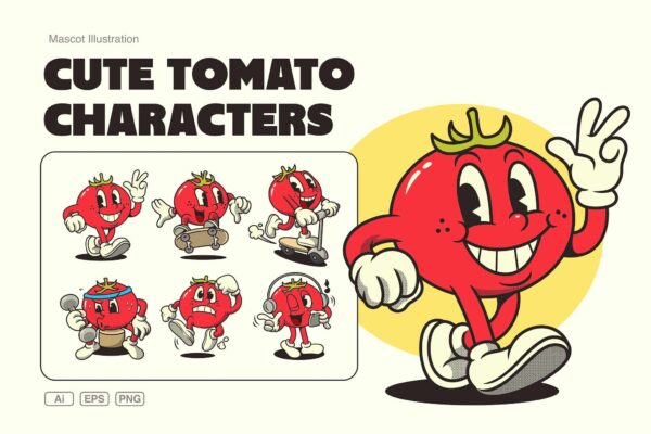 复古趣味Y2K西红柿卡通IP角色设计AI矢量贴纸插画套装Cute Tomato Characters-第4708期-