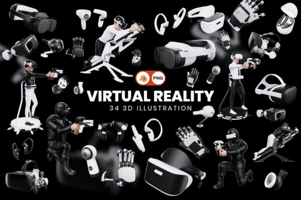 34款趣味卡通3D虚拟现实VR眼镜游戏运动射击体感人物角色插画插图模型套装Virtual Reality 3D Illustration Pack