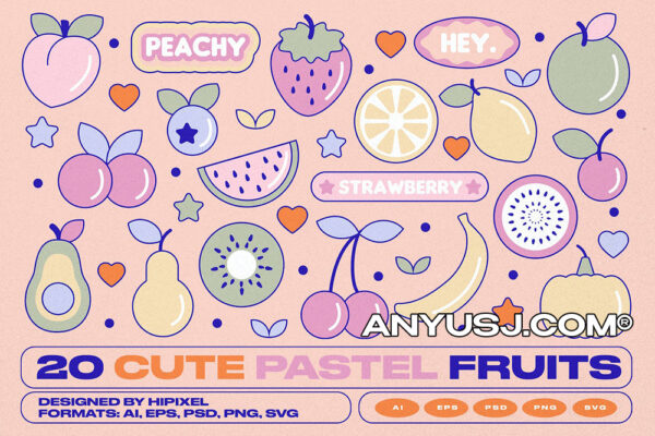 20款趣味可爱卡通水果插画贴纸AI矢量图形设计套装20 Cute Pastel Fruits Stickers