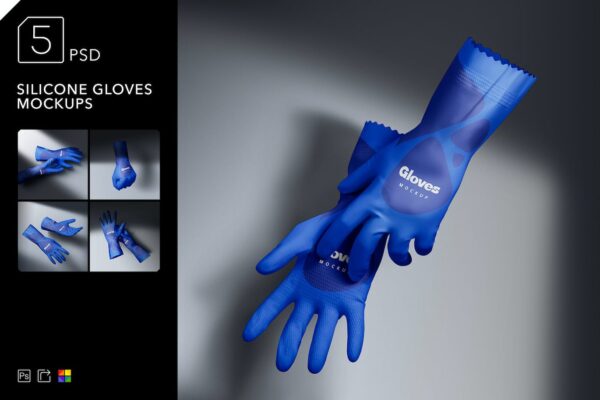 5款质感硅胶橡胶防水洗碗手套PSD印花外观设计样机Silicone Gloves Mockups
