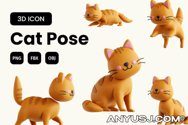 20款趣味可爱3D喵咪姿势插画插图模型设计套装Cat Pose 3D Icon Set