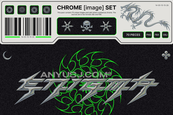 70款3D艺术金属镀铬赛博Y2K未来图形logo图标徽标字母模型设计套装Enigma Chrome Set-第4881期-